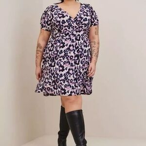 Torrid Studio Knit Cheetah Print Dress – Surplice Neck Puff Sleeve Pockets Size2